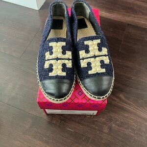 Tory Burch Black and Cream Espadrilles with Pearl Accents